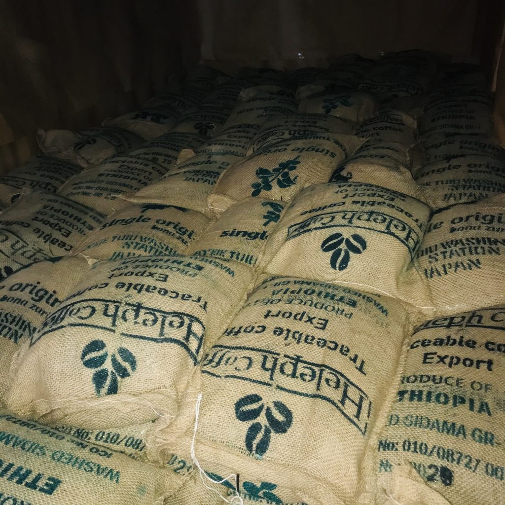 Stacked Heleph sacks marked Traceable Coffee Export and Produce of Ethiopia