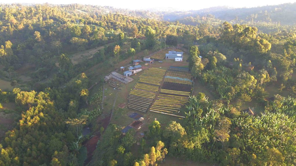 Aerial view of a coffee washing station with raised drying beds in forested hills