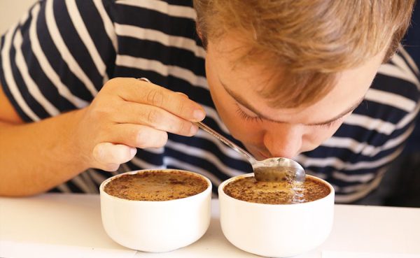 A taster slurping coffee from a spoon during a cupping session