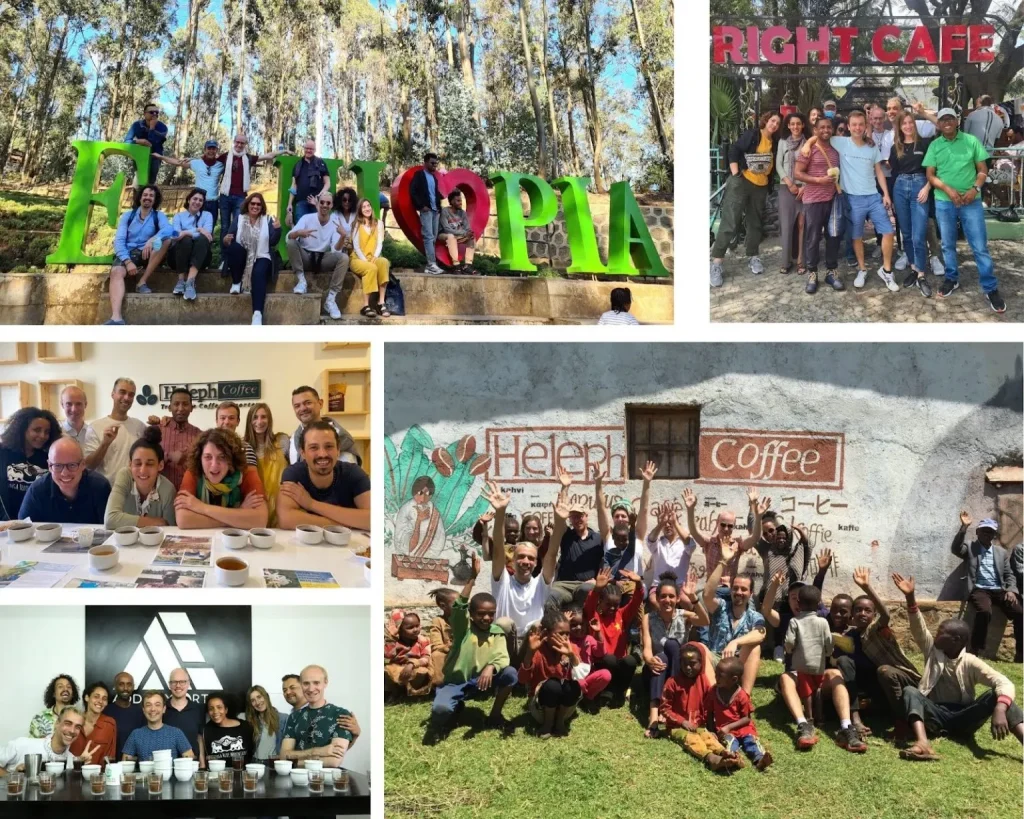 Collage: tour guests at the giant Ethiopia letters in a eucalyptus forest and outside Right Cafe, cupping coffee with the team, and waving with children in front of the Heleph Coffee wall
