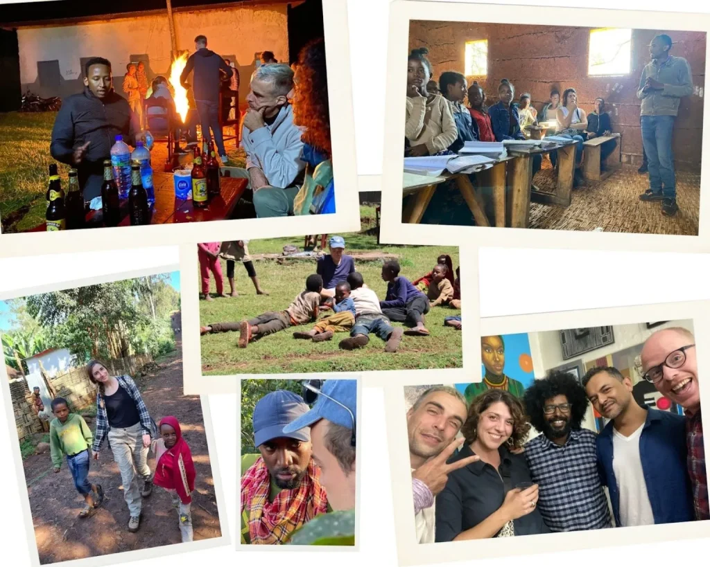 Collage: an evening by the fire with guests, a training class in a mud-walled room, children playing on the grass, a guest walking with village children, and selfies with the team