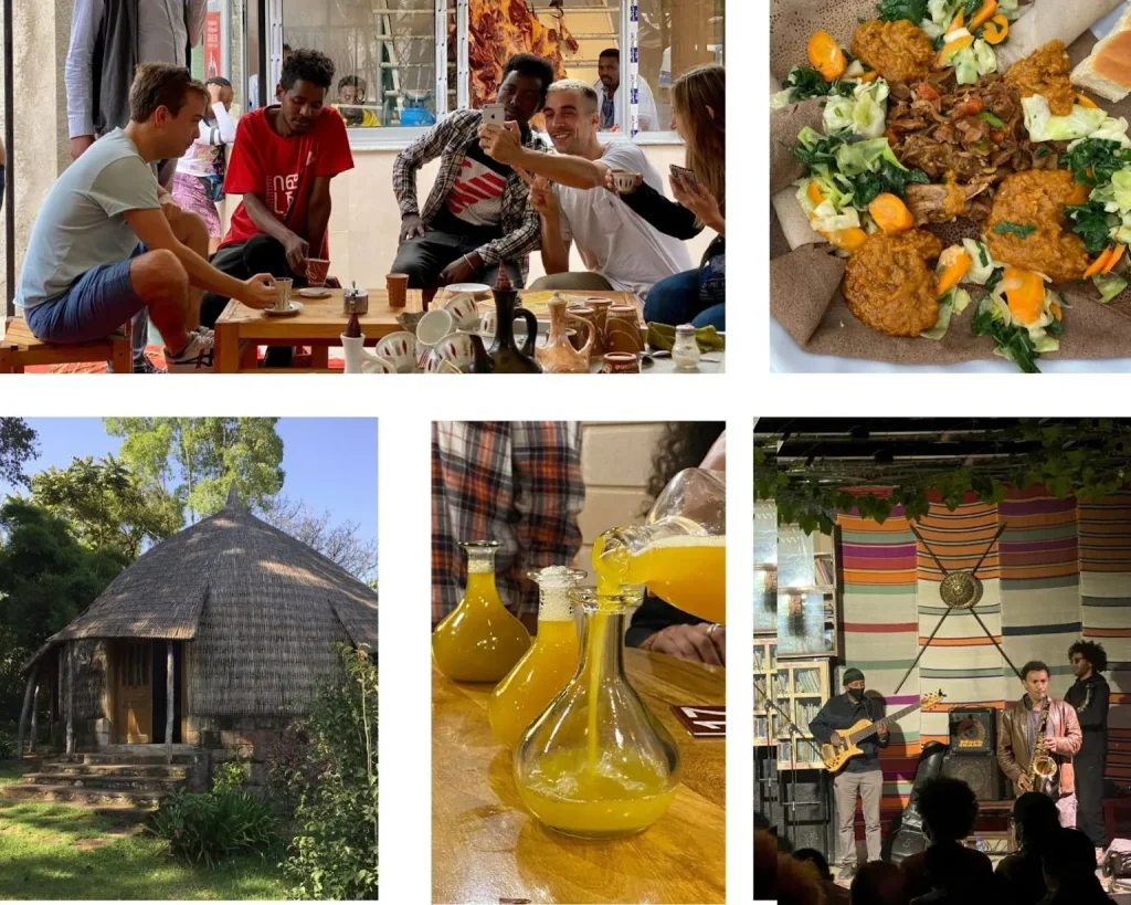 Collage: guests at a coffee ceremony with a jebena and small cups, an injera platter, a thatched round house, honey wine poured into flasks, and live music on stage