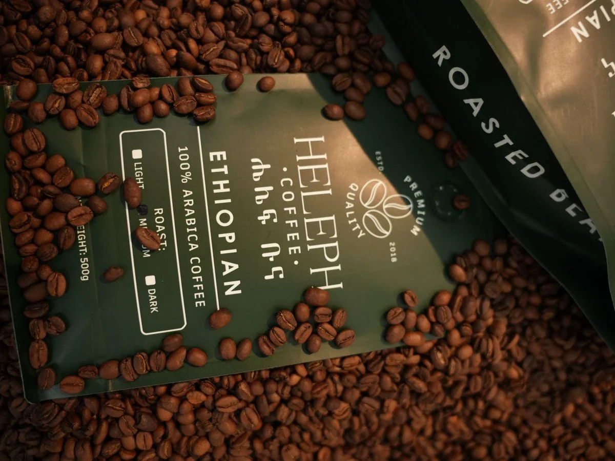 The Heleph roasted coffee range, packed in Ethiopia