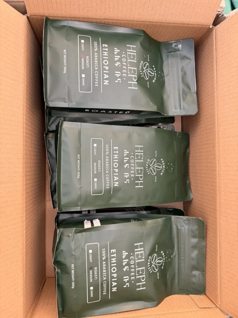 Heleph Ethiopian coffee bags packed upright in a carton