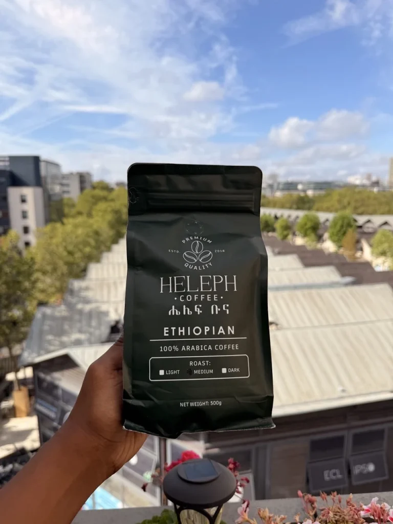Heleph Ethiopian coffee bag on a rooftop under blue sky