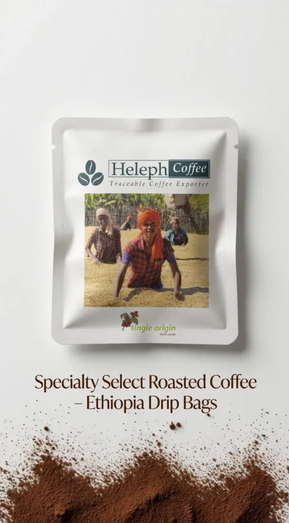 Heleph Ethiopia drip bag on ground coffee