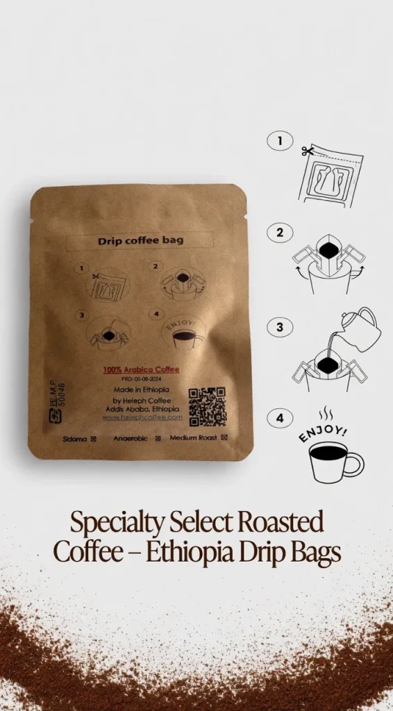 Kraft drip coffee bag with step-by-step brewing guide