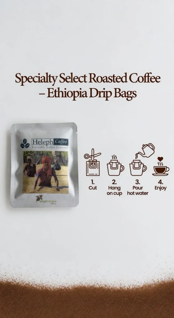 Heleph drip bag with cut, hang, pour, enjoy instructions