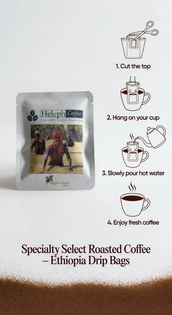 Heleph drip bag with illustrated brewing instructions