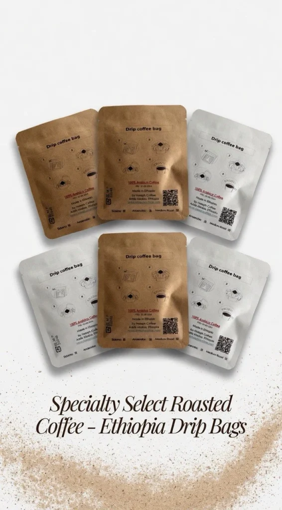 Set of kraft and white Heleph Ethiopia drip coffee bags