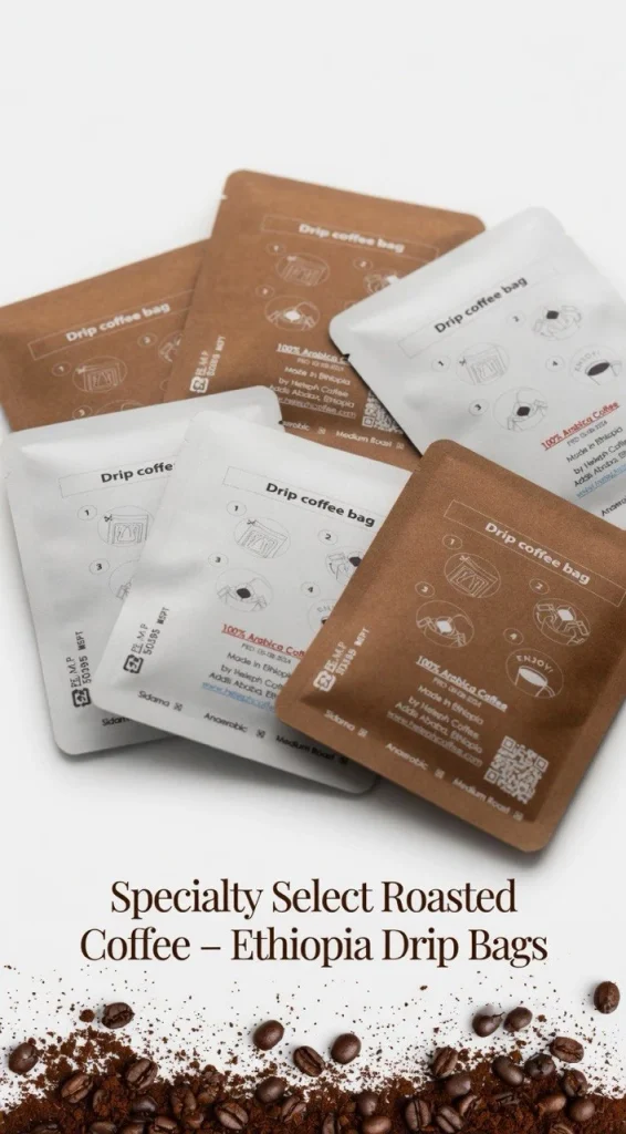 Heleph drip coffee bags with roasted beans