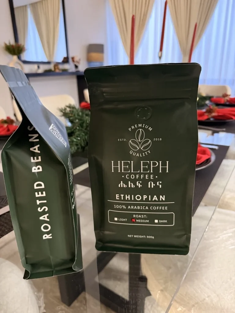 Heleph premium Ethiopian coffee bags on display