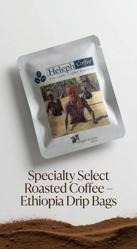 Heleph Specialty Select Ethiopia drip bag on coffee grounds