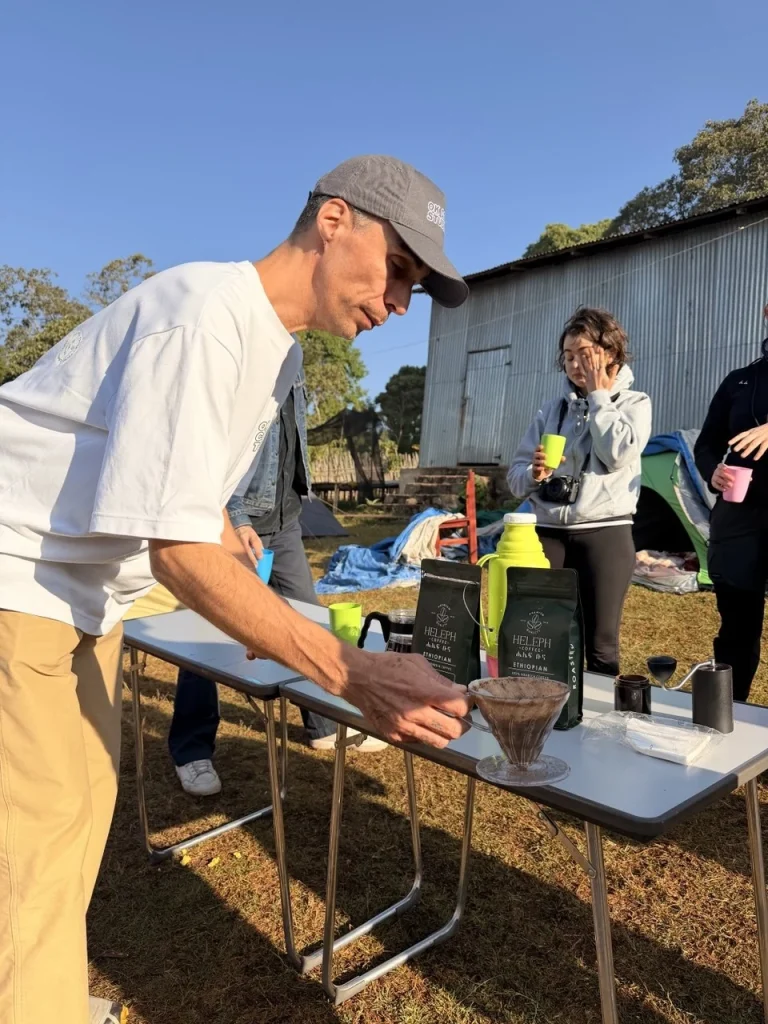 Brewing Heleph coffee outdoors at the farm