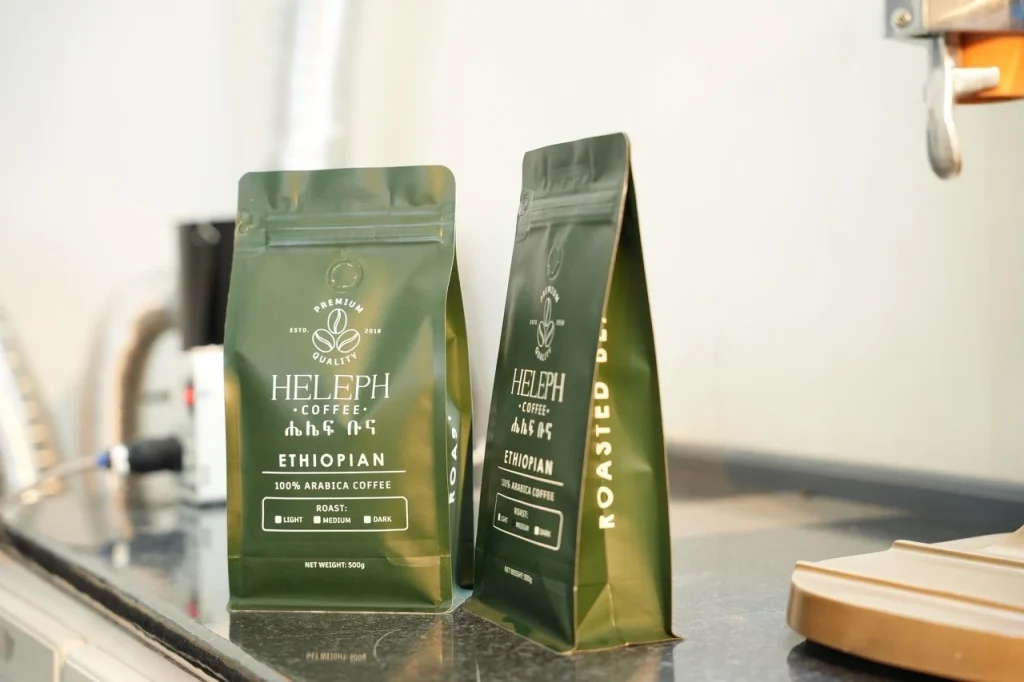Heleph Ethiopian coffee bags on a café counter