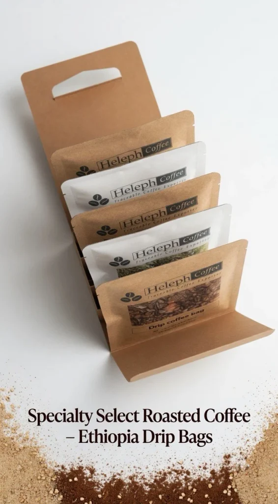 Heleph drip bags in a retail display box